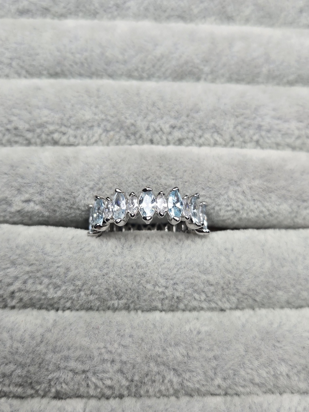 Size 7 Aquamarine Cubic Zirconia Eternity Ring Rhodium Plating Bomb Party